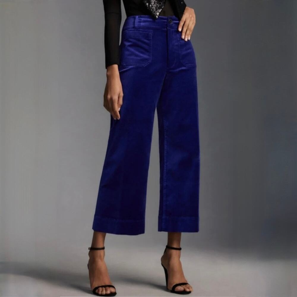 Anthropologie Maeve The Colette Cropped Velvet Wide-Leg Pants - Blue - Size 25